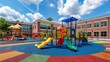 © sirisakboakaew - An elementary school playground with padded play surfaces, slides, monkey bars, and mazes, as well as a large brick building complex that houses the school building