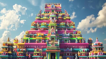 A vibrant, intricately detailed, multi-tiered temple with a bright blue sky and fluffy white clouds.