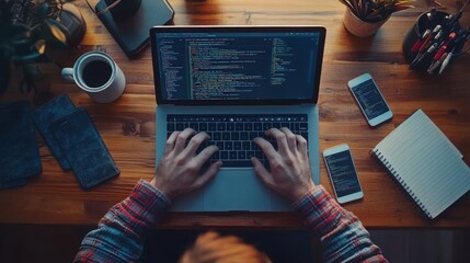 A high-angle shot of a web developer working on a laptop, with the screen showing intricate code and a responsive web design, surrounded by notebooks, a smartphone, and a cup of coffee, set in a