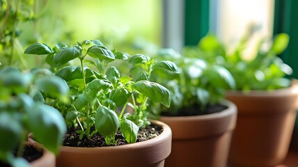 15. **A close-up of fresh herbs like basil and cilantro growing in pots.