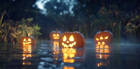 At night, Halloween Jack o Lanterns float in the water