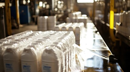 Wall Mural - Plastic Bottles Wrapped in Plastic at a Factory