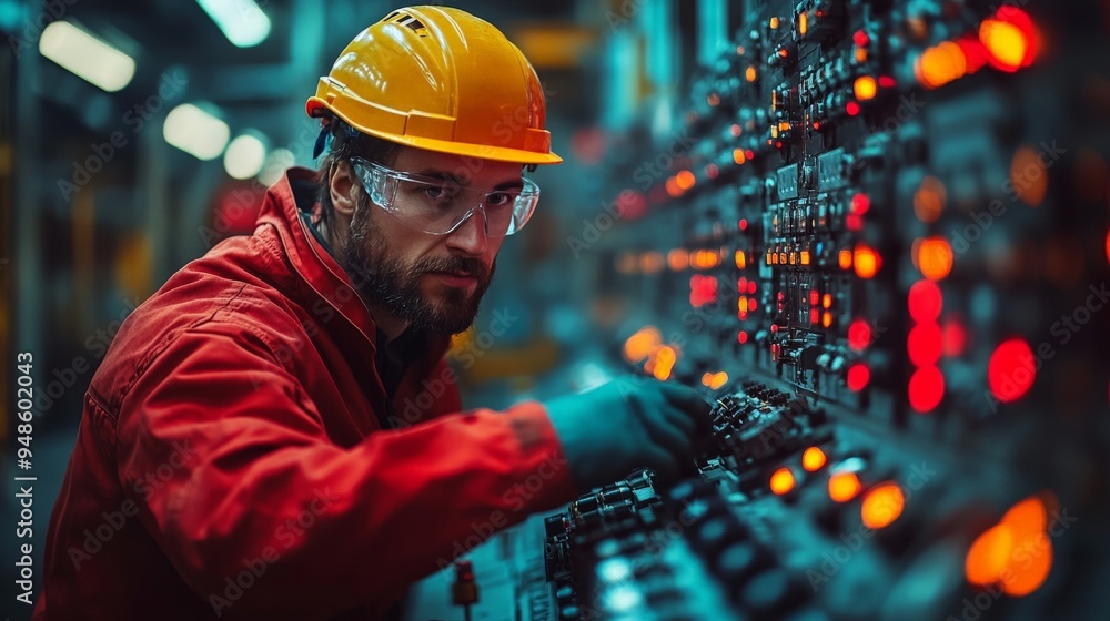 Industrial Control:  A focused worker in a hard hat and safety glasses monitors a complex control panel, illuminated by the soft glow of indicator lights. The image captures the dedication and precisi