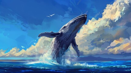 Canvas Print - A whale leaps out of the water against a blue sky and white clouds.