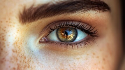 Sticker - Close-up of a Freckled Eye with Brown Iris and Long Eyelashes