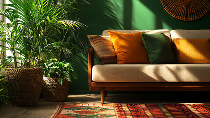 Cozy living space featuring a stylish sofa adorned with cushions, vibrant plants, and a colorful rug against a green wall.