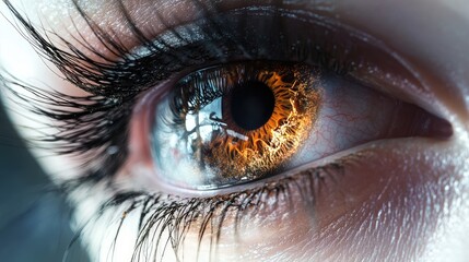 Poster - A Close-Up of a Human Eye with Golden Iris and Reflected Light