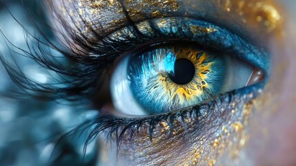 Canvas Print - Close-up of a Blue Eye with Golden Sparkles and Reflected Trees