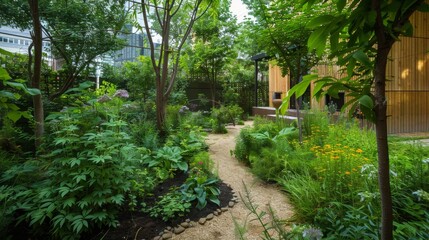 Sticker - A winding gravel path through a lush, green garden.