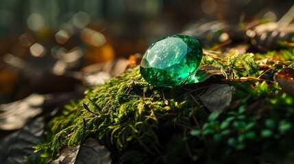 Wall Mural - A close up banner of a beautifully polished gemstone nestled among forest moss and leaves, set against a dark, shadowy background. The gemstone radiates a deep emerald green, with