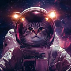 Wall Mural - An astronaut cat hovers around the moon with lights on his helmet and a cute expression on his face