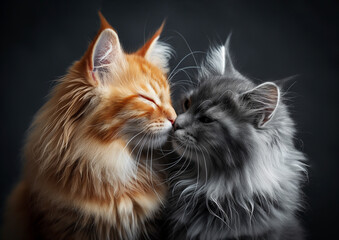 Portrait of two Maine Coon cats of red and blue color sitting hugging on a black background