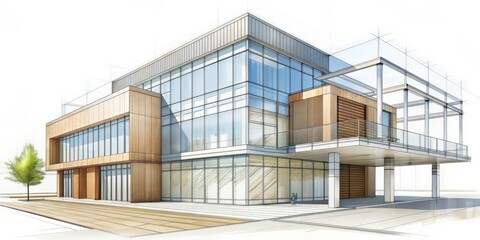 Fototapete - Abstract architectural sketch of modern building facade , architecture, abstract, sketch, design, modern, building