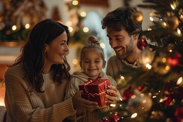 Wall Mural - This heartwarming scene captures a delighted family celebrating Christmas together around a sparkling tree, unwrapping gifts and sharing smiles against a backdrop of festive decorations and soft light