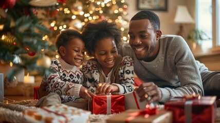 Wall Mural - This heartwarming scene captures a delighted family celebrating Christmas together around a sparkling tree, unwrapping gifts and sharing smiles against a backdrop of festive decorations and soft light