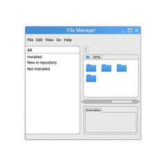 Retro file manager program with blue files and folders on screen. Old computer explorer with settings.