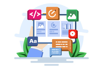 Concept of developer building a website Front-end user interface, UI UX, Software development, Web design, App design, Coding, Web development. Flat vector illustration on background.