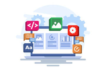 Concept of developer building a website Front-end user interface, UI UX, Software development, Web design, App design, Coding, Web development. Flat vector illustration on background.