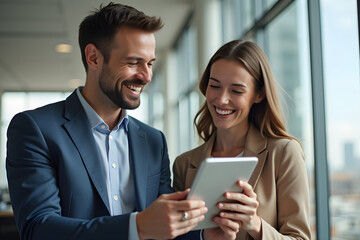 Business colleagues sharing a laugh over a tablet