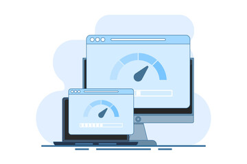 Internet speed concept. Smartphone, laptop and computer with internet connection speed test on screen, internet download speed and network performance on flat web page illustration.