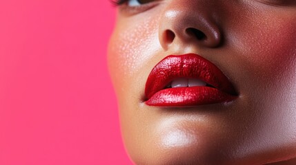 A close-up image featuring an eye against a bright pink backdrop. The focus is on the eye's detail, highlighting the vibrant and sharp colors.