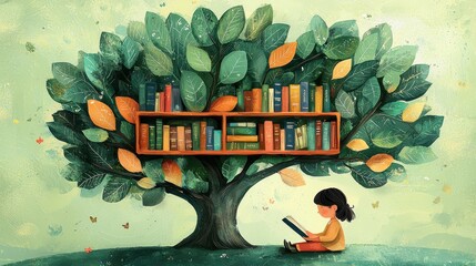 A bookshelf shaped like a tree, with books as leaves, and a child sitting beneath it reading. Art style: Creative and organic, natural greens and browns, with room for text in the canopy