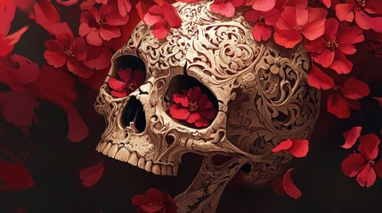 Poster - Ornate Skull Surrounded by Falling Red Flowers