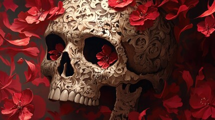 Wall Mural - Ornate Skull Adorned with Red Flower Petals