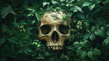 Wall Mural - Human Skull Hidden in Lush Green Foliage