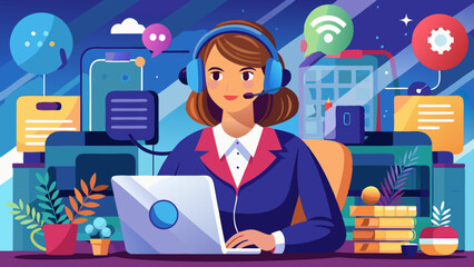 Wall Mural - business and technology concept - helpline operator with headphones in call centre