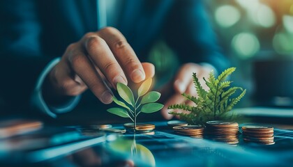 Hand Placing Green Plant on Stack of Coins