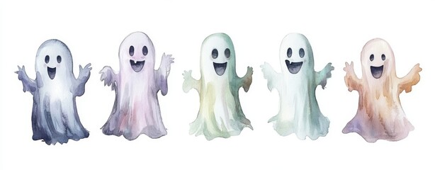 Canvas Print - Watercolor illustration of two funny ghost sheet costumes. Magic scary spirit. Simple spooky monster. Minimal concept for a Halloween party.