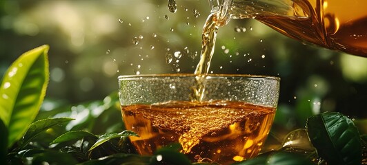 Super slow motion shot of tea being poured into a swirl of green leaves at 1000 frames per second. 