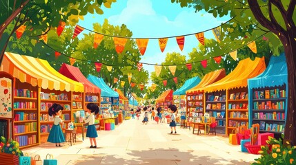 A festival scene with children book stalls, cultural performances, and vibrant decorations. Art style: Energetic and lively, bright festival colors, with ample space for event text