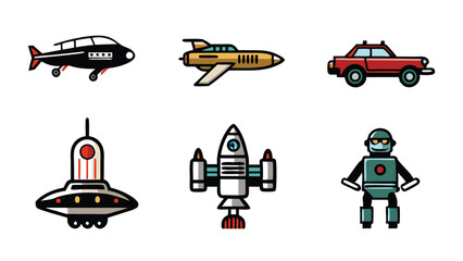 Set of six retro futuristic icons in line style.