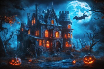 Canvas Print - Discover the magic of Halloween where pumpkins and a haunted castle come alive in the moonlight.Stock photos