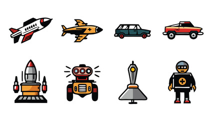 A set of retro futuristic icons in a line style.