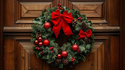 This elegant scene features a lush green wreath adorned with vibrant red bows and shiny baubles, beautifully placed on a rustic wooden door, inviting guests into a cozy holiday setting.