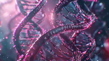 Canvas Print - Abstract close-up of DNA double helix with glowing pink particles.