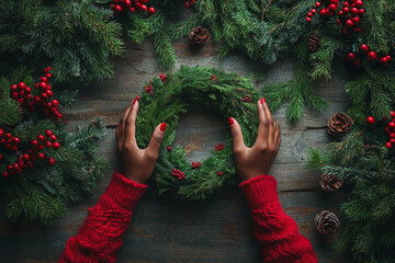 female dark skinned hands in a red sweater making christmas wreath, on wooden table background, top view