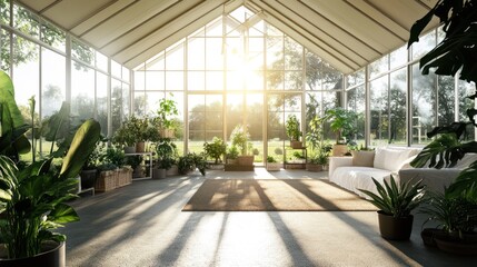 Poster - Sunlight streaming through a glass greenhouse with potted plants and a couch.