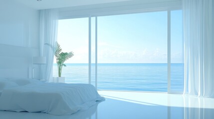 Poster - White bedroom with ocean view and curtains.