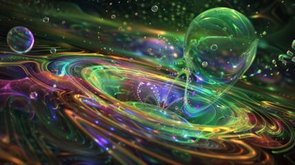 Poster - Abstract colorful swirling fractal background with a large transparent bubble.