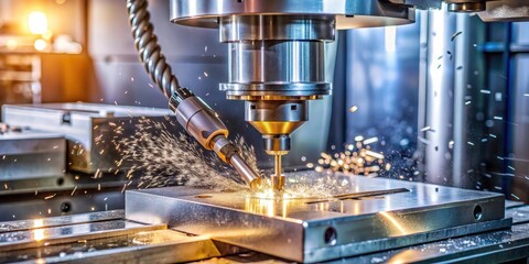 Poster - of a CNC metal milling machine in action, manufacturing, technology, precision, industrial, production, engineering