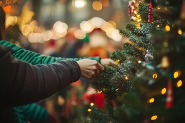 Hand decorating Christmas tree with festive ornaments