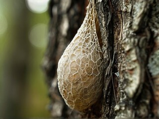 Poster - A white, delicate, cocoon-like structure hangs from a tree trunk, resembling a delicate web.