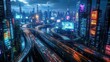 © Sodapeaw - Futuristic cityscape with illuminated skyscrapers, busy highways, and vibrant digital billboards under a cloudy sky at night.