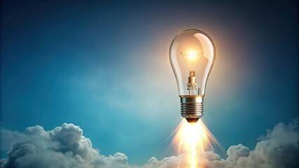 A creative concept of a light bulb flying to the sky like a rocket, captured in a flat lay composition, idea, imagination