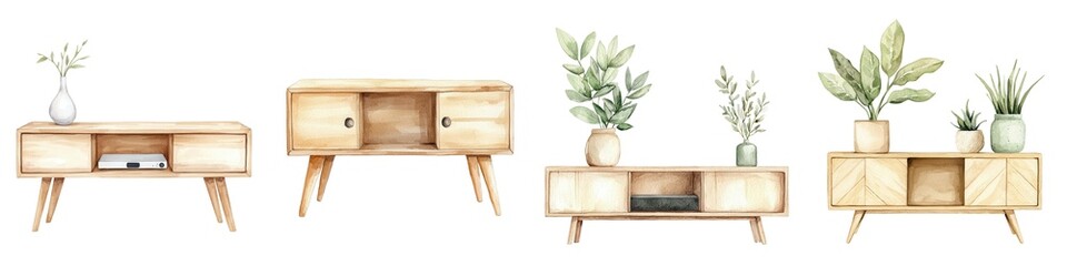 Elegant wooden furniture designs featuring minimalist style and lush plants, perfect for modern interior decor inspiration.