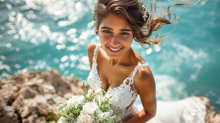 Bride in a white wedding dress with a bouquet of flowers standing on a rock by the sea, with her hair blowing in the wind and a beautiful ocean background.